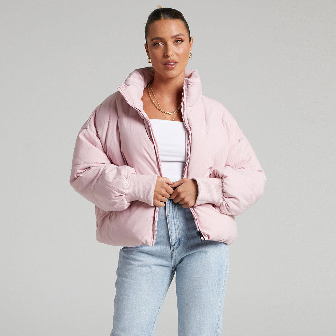 Stand Collar Side Pocket Zip Front Long Sleeve Puffer Jacket - Pink