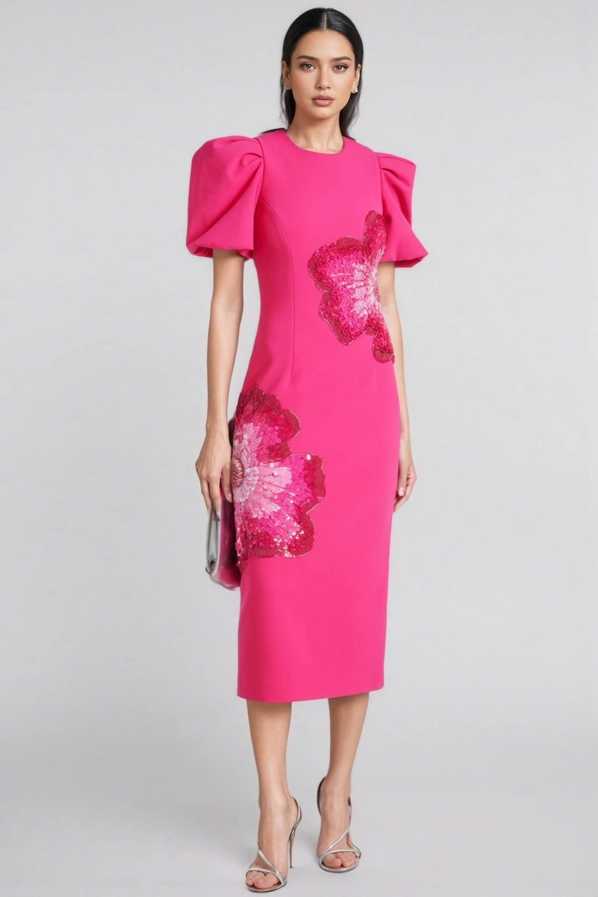 Sequin Floral Appliqué Puff Sleeve Crew Neck Fitted Sheath Midi Dress