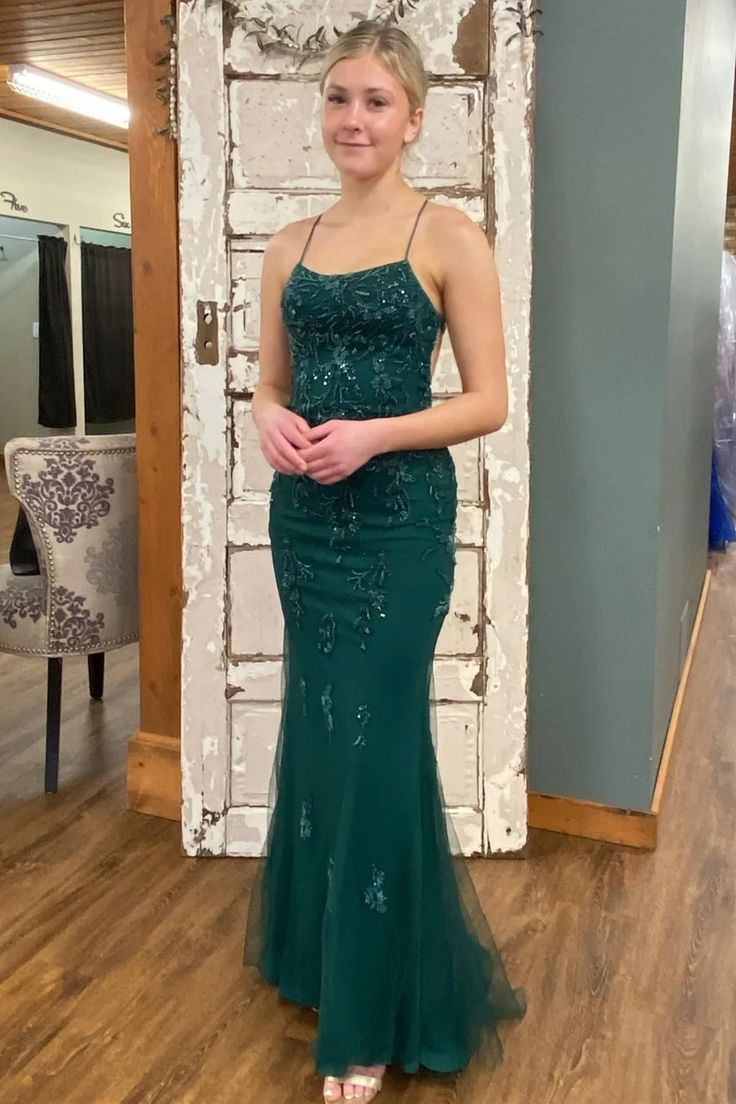 Backless Mermaid Green Lace Long Prom Dress Green Lace Formal Dress