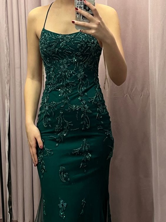 Backless Mermaid Green Lace Long Prom Dress Green Lace Formal Dress
