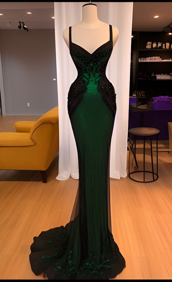 Sexy Mermaid Sequin Long Dark Green Lace Prom Dress Formal Dress