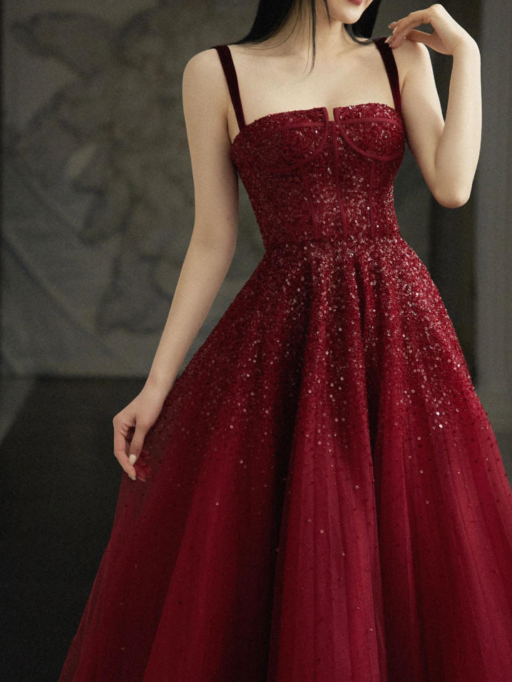 Burgundy Prom Dresses A line Straps Tulle Evening Dresses