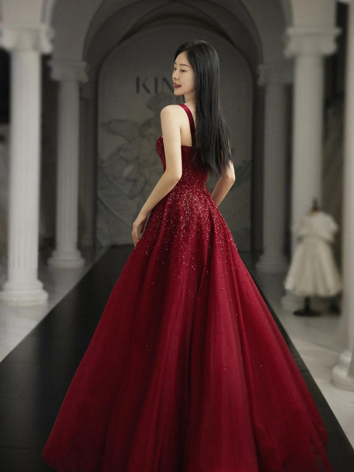Burgundy Prom Dresses A line Straps Tulle Evening Dresses