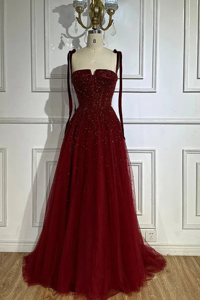 Burgundy Prom Dresses A line Straps Tulle Evening Dresses