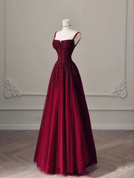Burgundy Prom Dresses A line Straps Tulle Evening Dresses