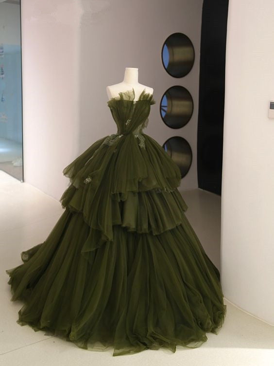 Ball Gown Strapless Tulle Long Green Prom Dress Evening Dresses