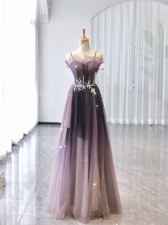 A line Straps Tulle Long Prom Dress Evening Dresses