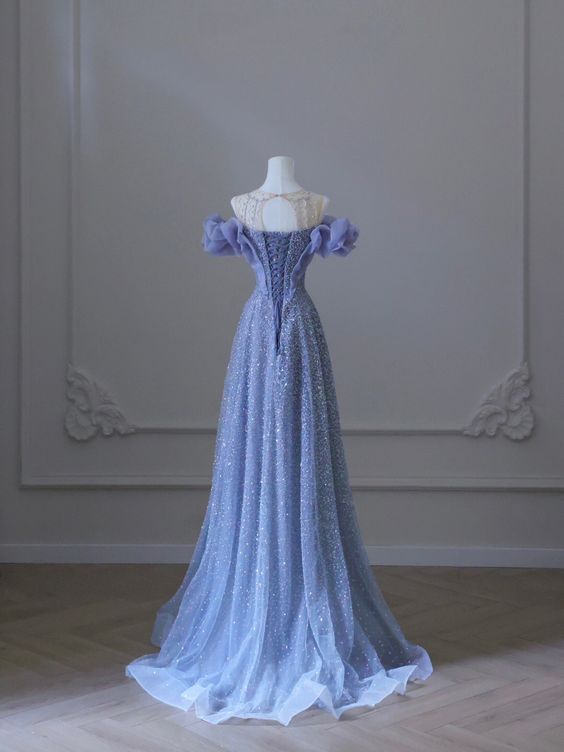 A line Off The Shoulder Blue Long Prom Dress Evening Dresses