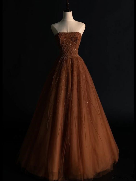 Ball Gown Strapless Tulle Long Prom Dress Evening Dresses