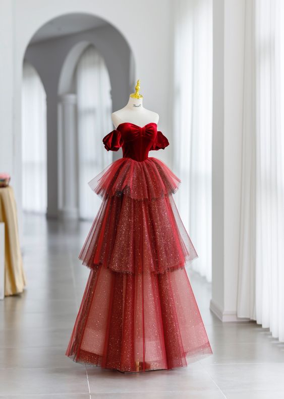 Ball Gown Strapless Tulle Long Red Prom Dress Evening Dresses