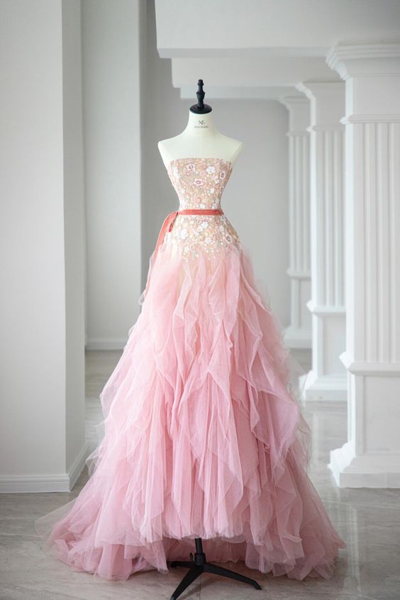 Ball Gown Strapless Tulle Long Pink Prom Dress Evening Dresses