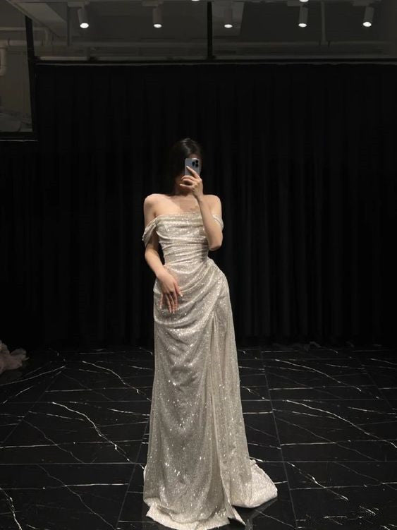 Sheath Off The Shoulder Sequin Long Prom Dresses Slit Formal Dress