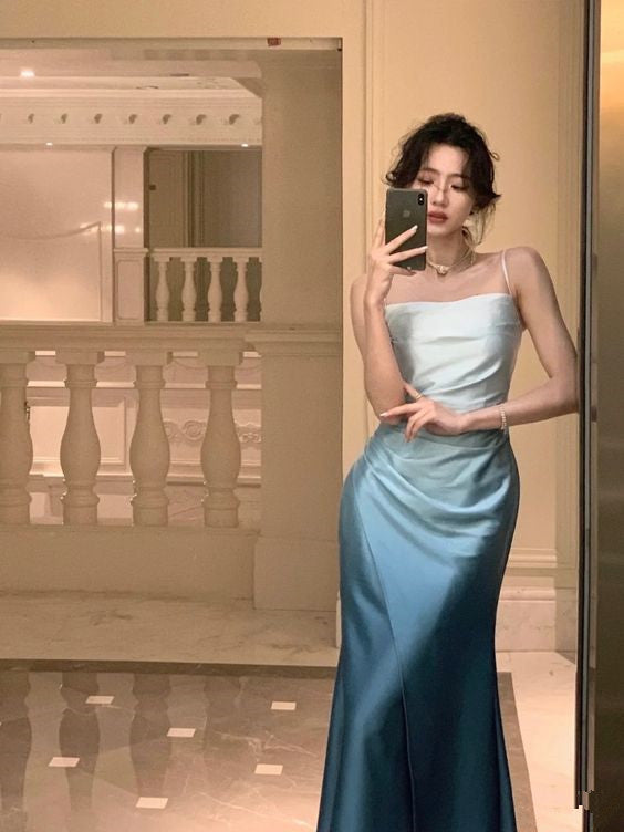 Elegant Sheath Straps Blue Prom Dresses Formal Dress