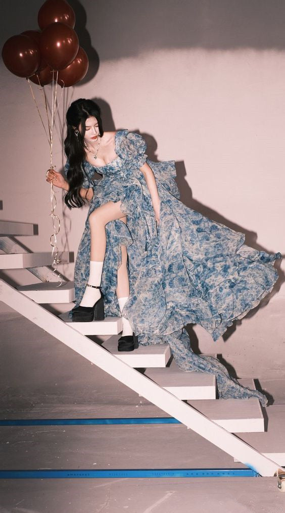 Elegant High Low Blue Floral Prom Dresses Long Formal Dress