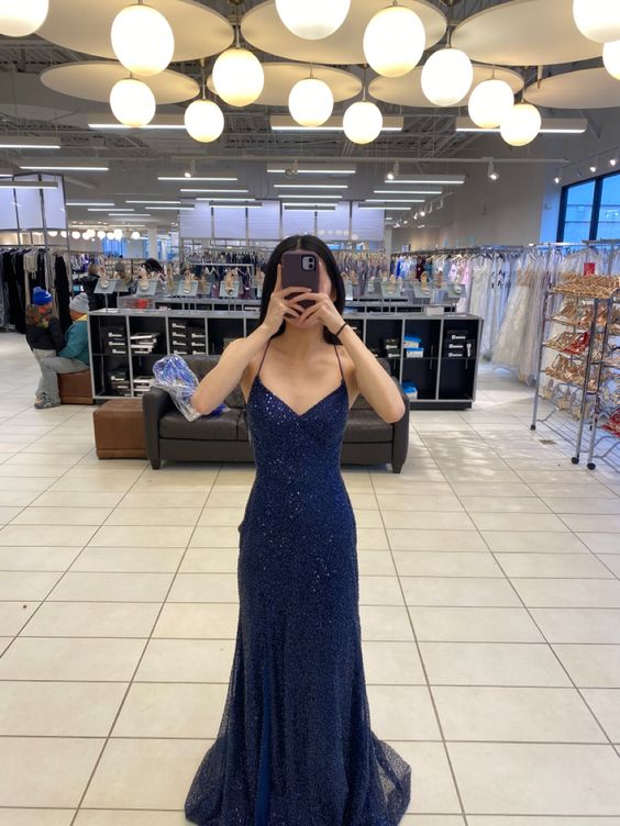 Elegant Mermaid Navy Blue Sequin Prom Dresses Formal Dress