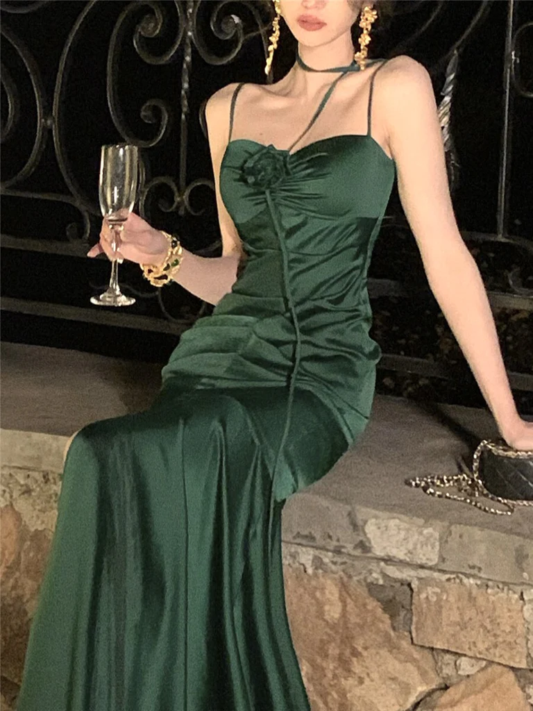 Elegant Mermaid Straps Satin Olive Green Prom Dresses Formal Evening Dress