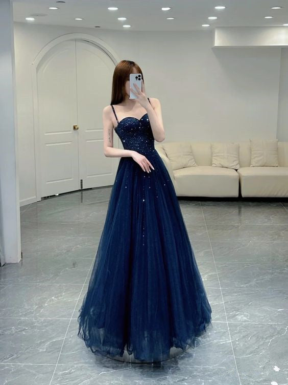Elegant A line Straps Tulle Navy Blue Prom Dresses Formal Evening Dress