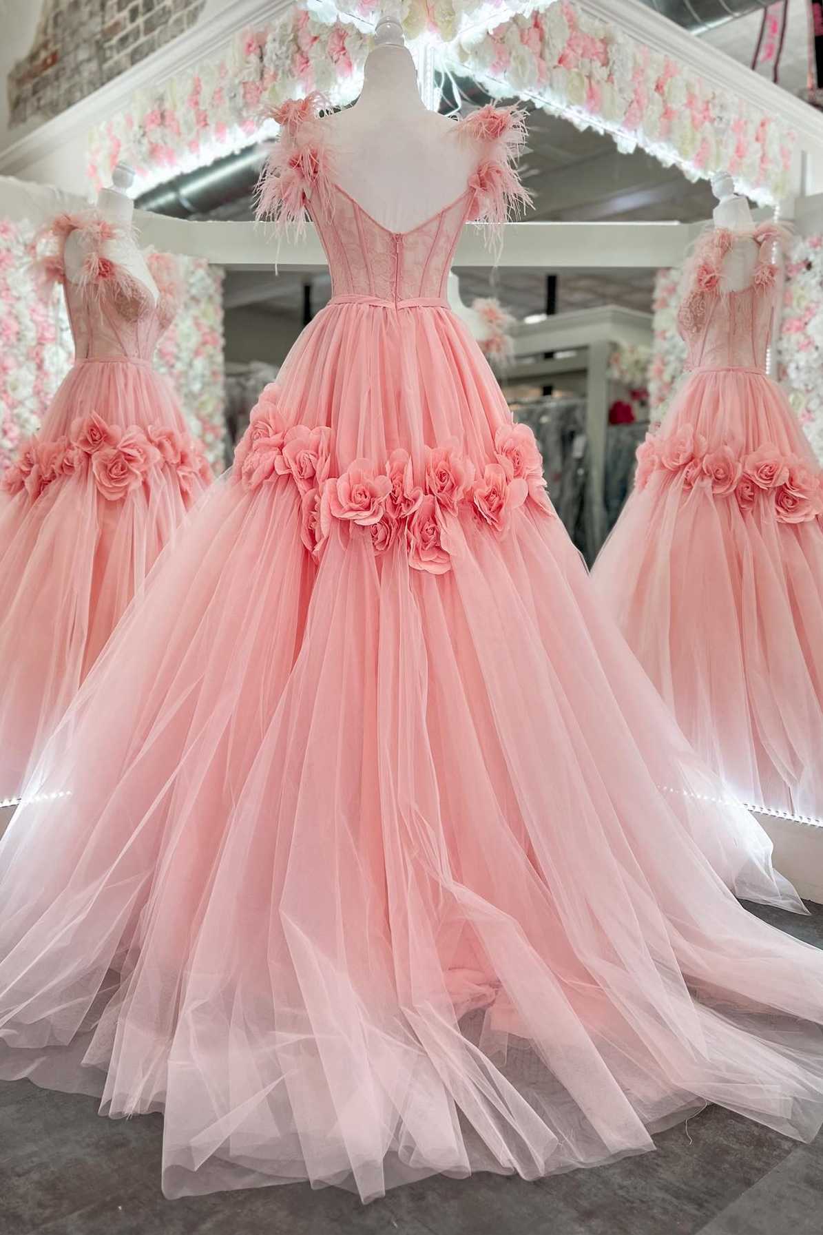 Pink Feather Lace Sweetheart Ball Gown Prom Dress with 3D Floral Lace