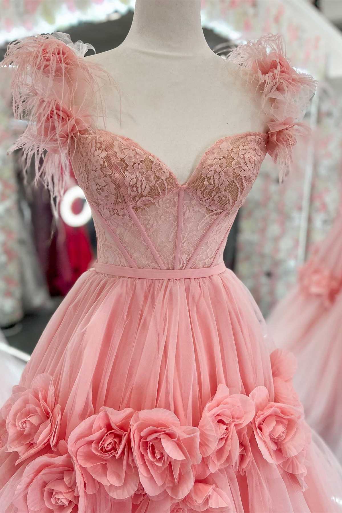 Pink Feather Lace Sweetheart Ball Gown Prom Dress with 3D Floral Lace