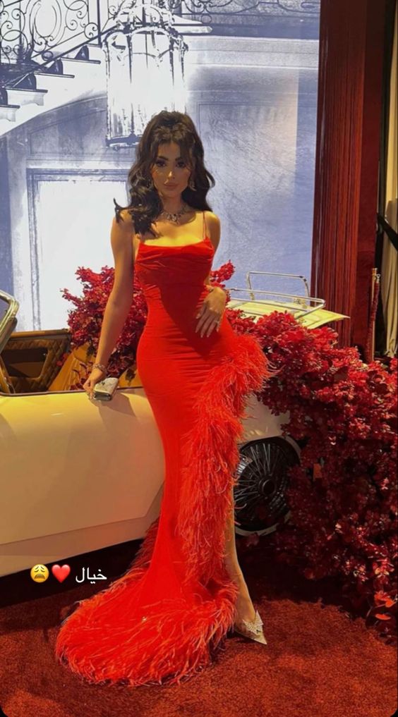 Sexy Mermaid Straps Sleeveless Long Red Prom Dress With Feather