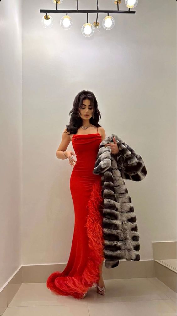 Sexy Mermaid Straps Sleeveless Long Red Prom Dress With Feather