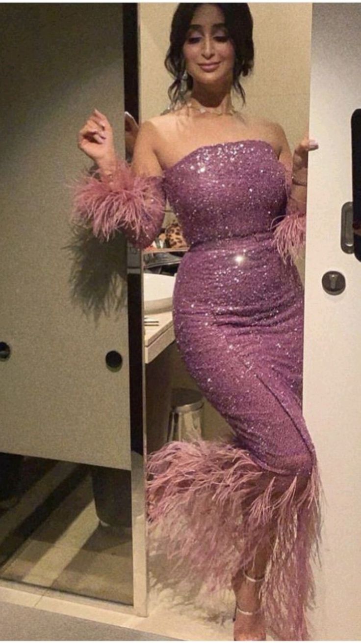 Sexy Mermaid Strapless Sequin Lilac Prom Dress With Feather
