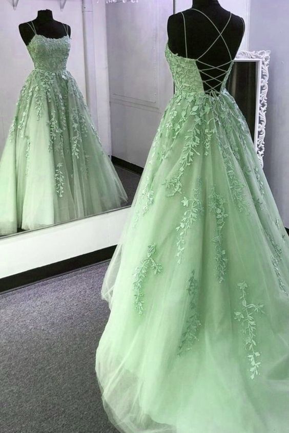 Light Green Prom Dresses Long A line Tulle Formal Evening Dress