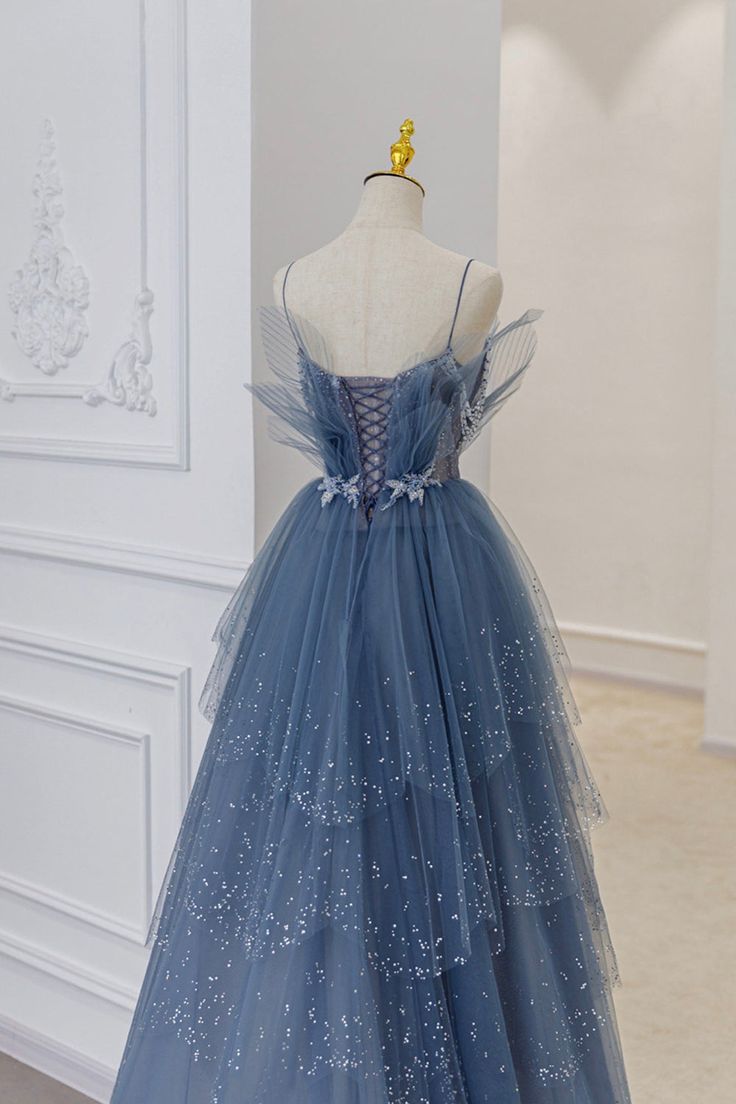 Vintage Blue Tulle Beaded Long Senior Prom Dress A-Line Blue Formal Dress