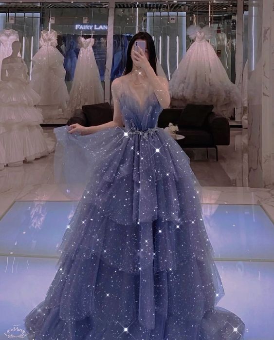 Vintage Blue Tulle Beaded Long Senior Prom Dress A-Line Blue Formal Dress