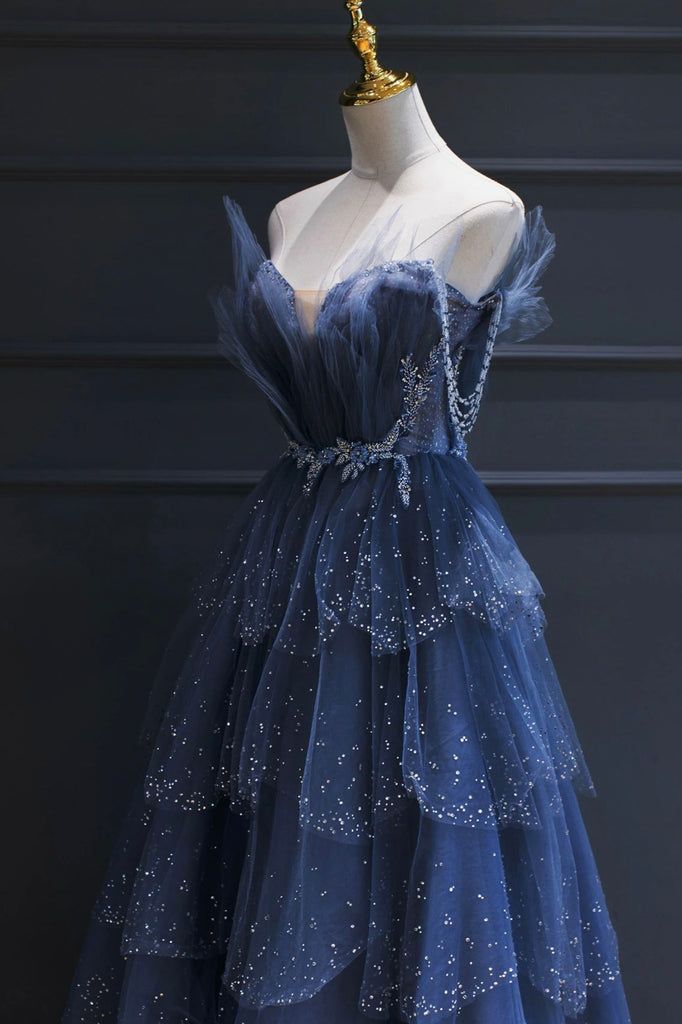 Vintage A-Line Blue Tulle Beaded Long Senior Prom Dress Formal Dress