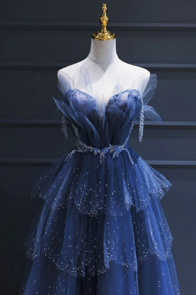 Vintage A-Line Blue Tulle Beaded Long Senior Prom Dress Formal Dress
