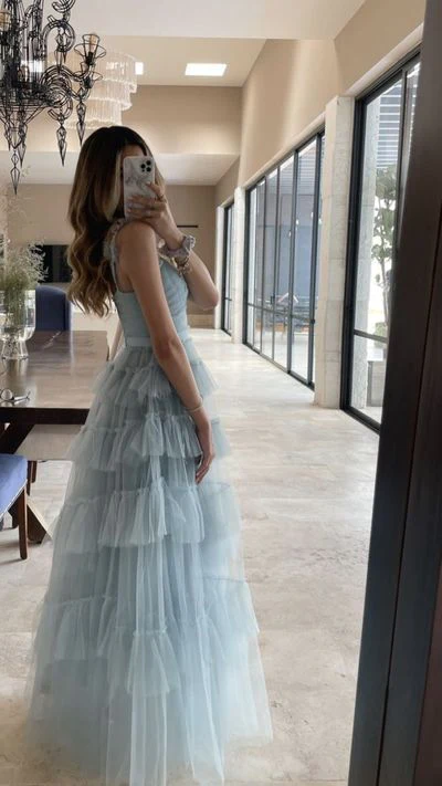Light Blue Tulle Prom Dresses Ruffles Pleated Baby Blue Evening Gown