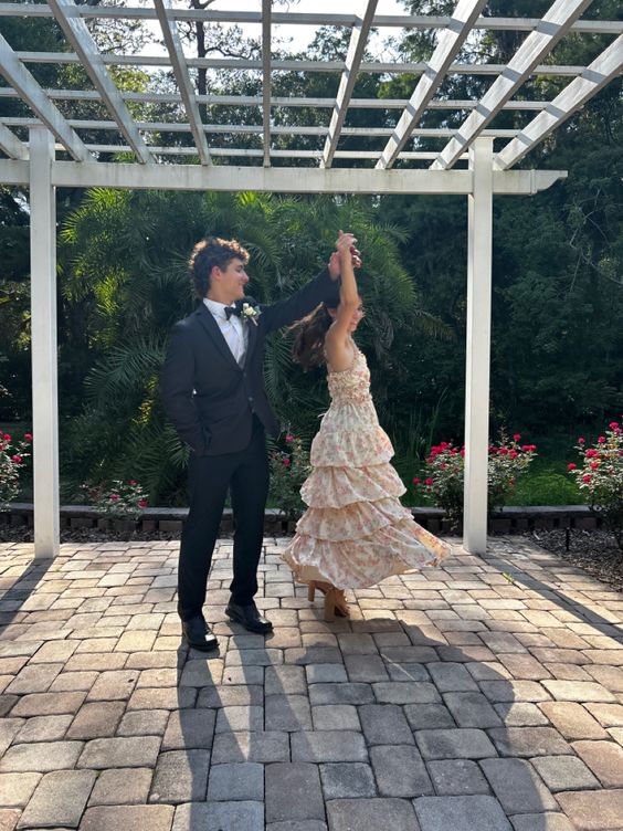 Cute A line Long Floral Ruffles Prom Dress Party Dresses