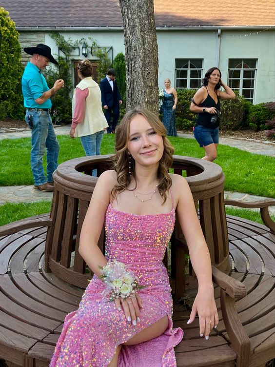 Sexy Mermaid Long Pink Sequin Prom Dress Party Dresses