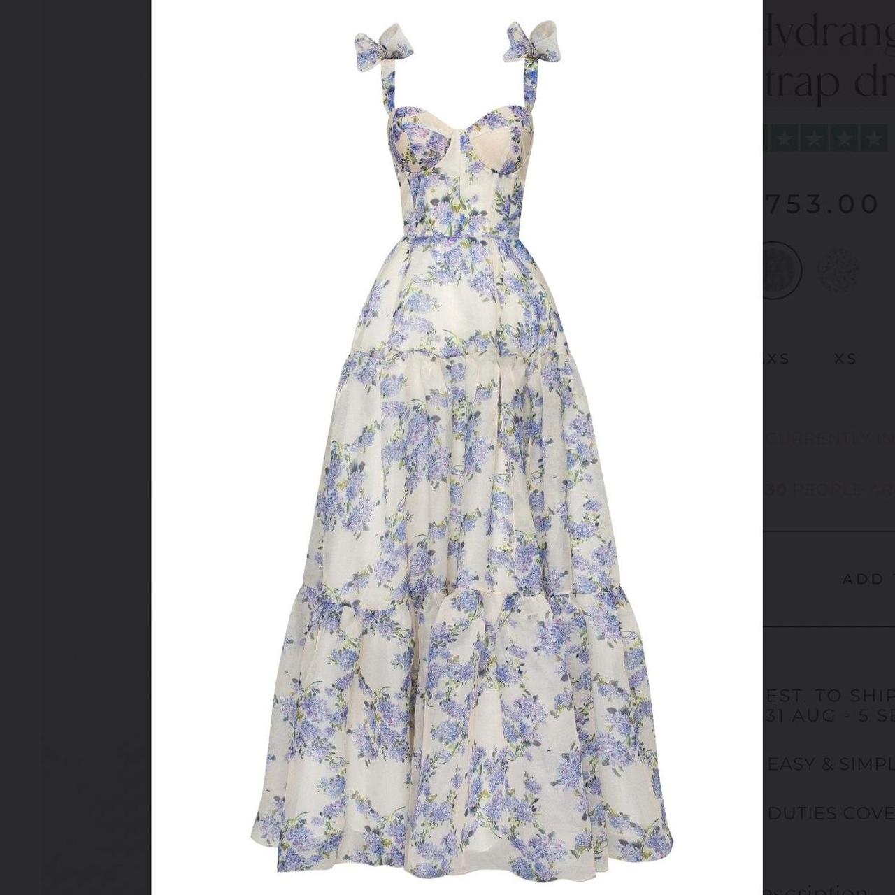 Sexy A line Long Blue Floral Prom Dress Blue and White Party Dresses
