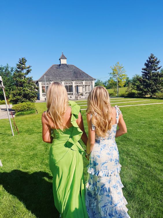 Sexy A line Long Blue Floral Prom Dress Blue and White Party Dresses