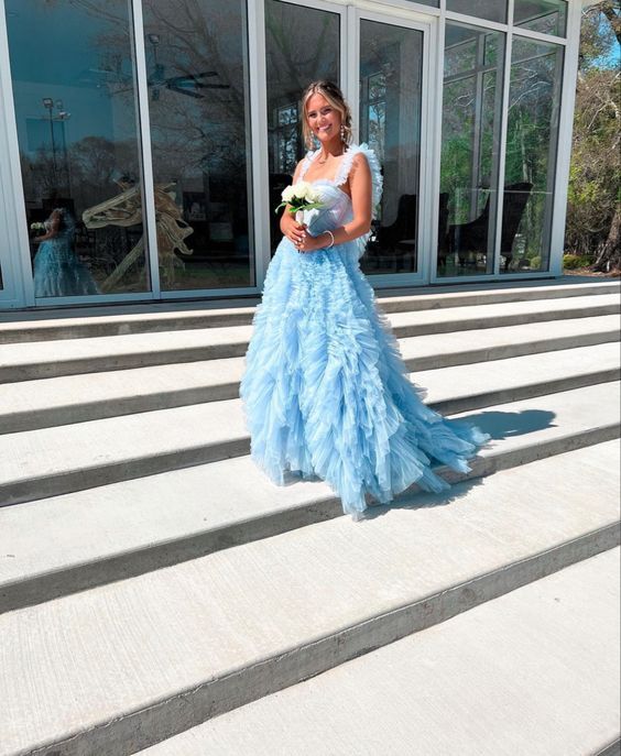 Sky Blue New Style Long Prom Dress Puffy Sleeveless Party Dresses