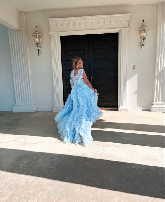 Sky Blue New Style Long Prom Dress Puffy Sleeveless Party Dresses