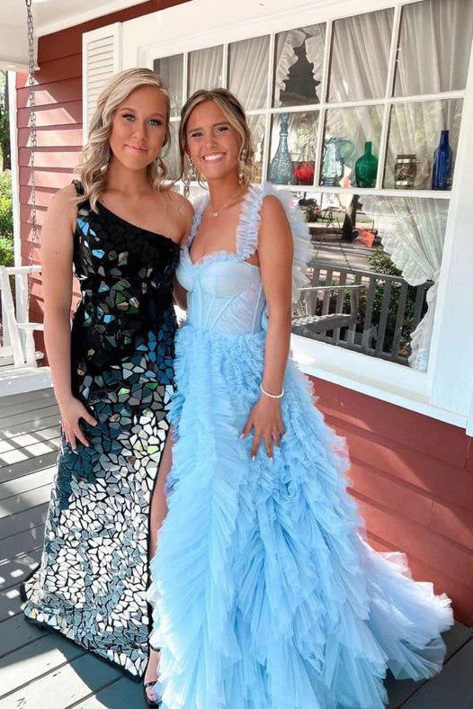 Sky Blue New Style Long Prom Dress Puffy Sleeveless Party Dresses