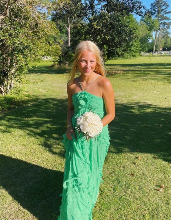 Simple A line Halter Long Green Prom Dress Party Dresses
