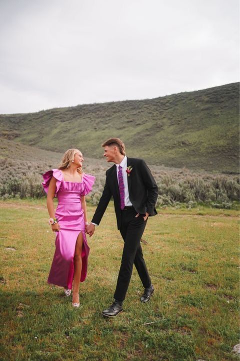 Sexy A line Square Neckline Long Pink Slit Prom Dress Party Dresses