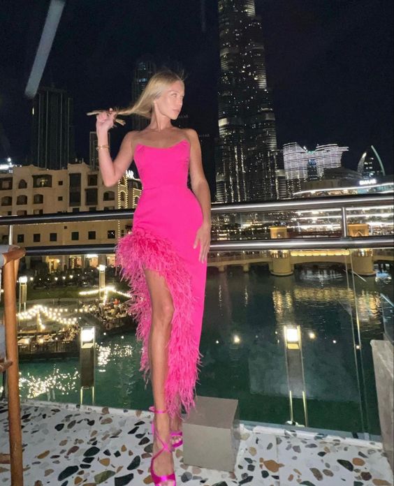 Sexy High Low Sweetheart Hot Pink Feathers Prom Dress