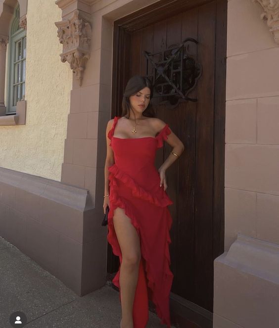 Sexy Red Chiffon Prom Dress Long Ruffle Party Dress