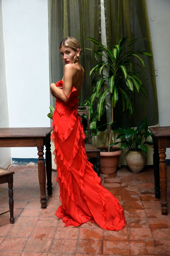 Sexy Red Chiffon Prom Dresses Long Ruffle Party Dress