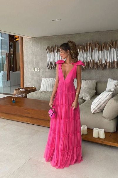 New Hot Pink Backless Long Prom Dress V Neck Formal Gown