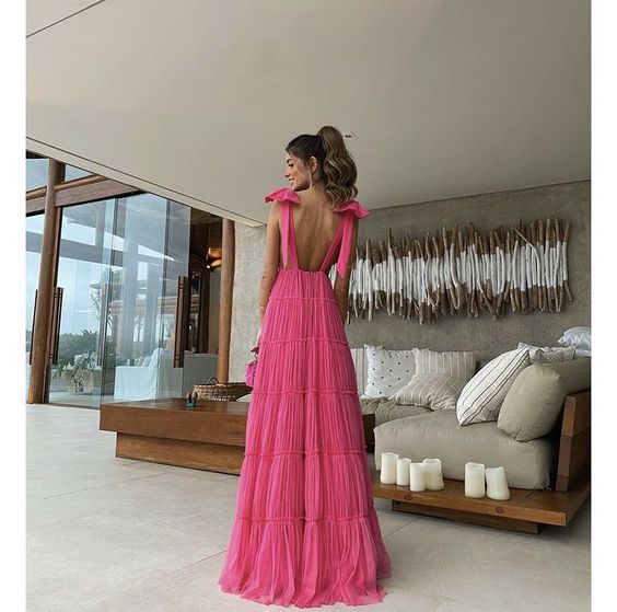 New Hot Pink Backless Long Prom Dress V Neck Formal Gown