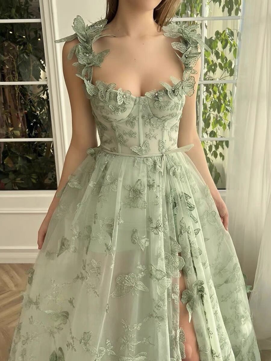 A line Green Corset Long Tulle Prom Dress With 3D Butterflies