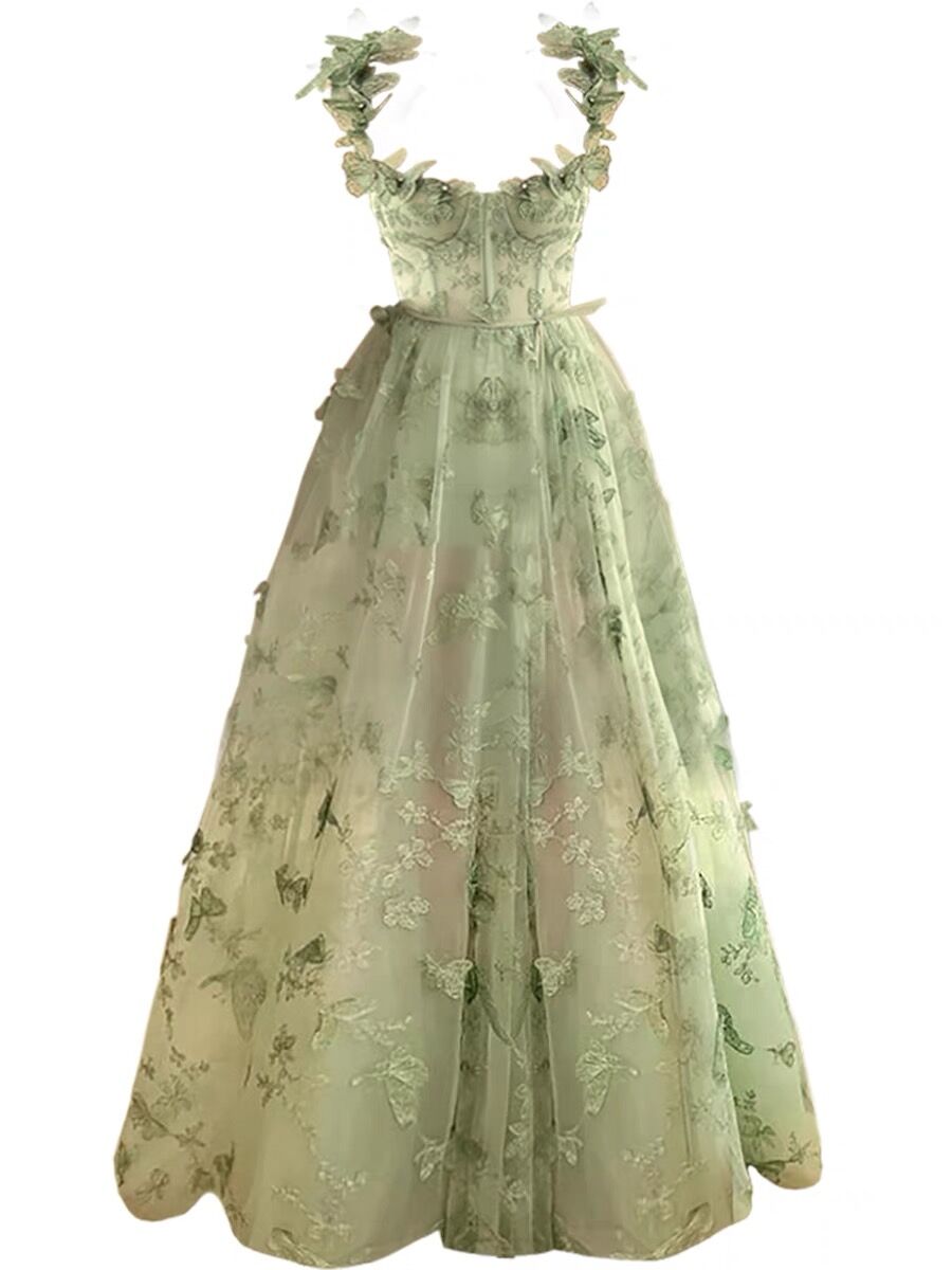 A line Green Corset Long Tulle Prom Dress With 3D Butterflies