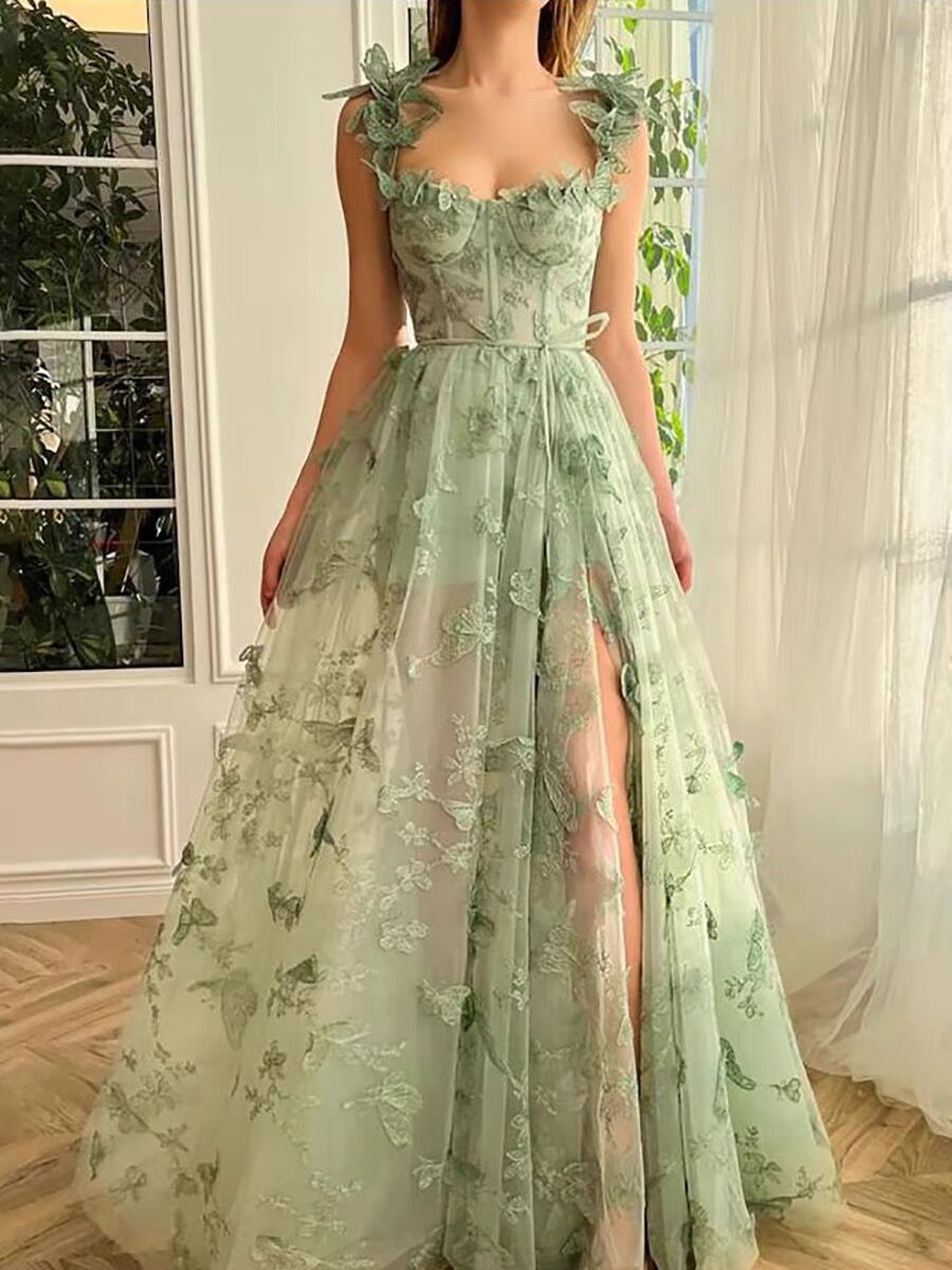 A line Green Corset Long Tulle Prom Dress With 3D Butterflies