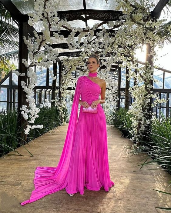 Elegant Long Chiffon Hot Pink Evening Dresses With Cape A-Line One Shoulder Prom Dress
